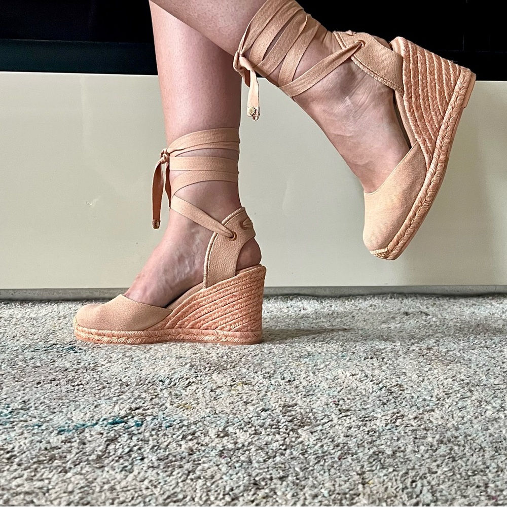 Stuart Weitzman Marguerita Canvas Wedges with Ankle Ties
